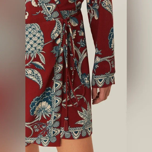 FARM Rio Dress Tropical Landing Red Wrap Long Sleeve V-Neck Mini Dress Medium